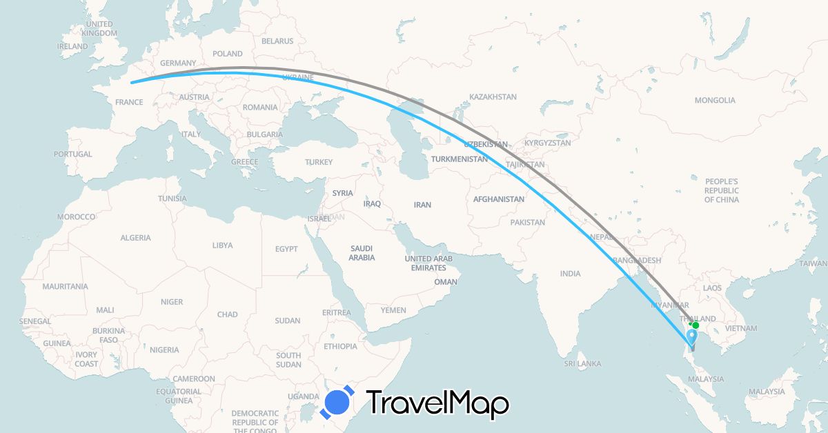 TravelMap itinerary: bus, plane, boat in France, Thailand (Asia, Europe)
